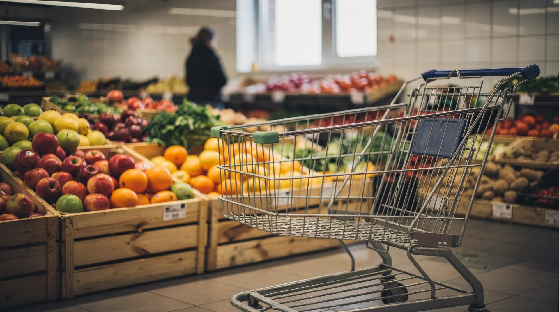 An empty shopping cart stands beside unbranded produce in a quiet supermarket aisle.
