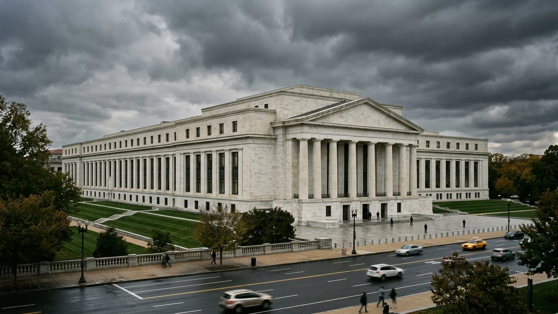 The Federal Reserve building under a heavy overcast sky, wide plaza in the foreground