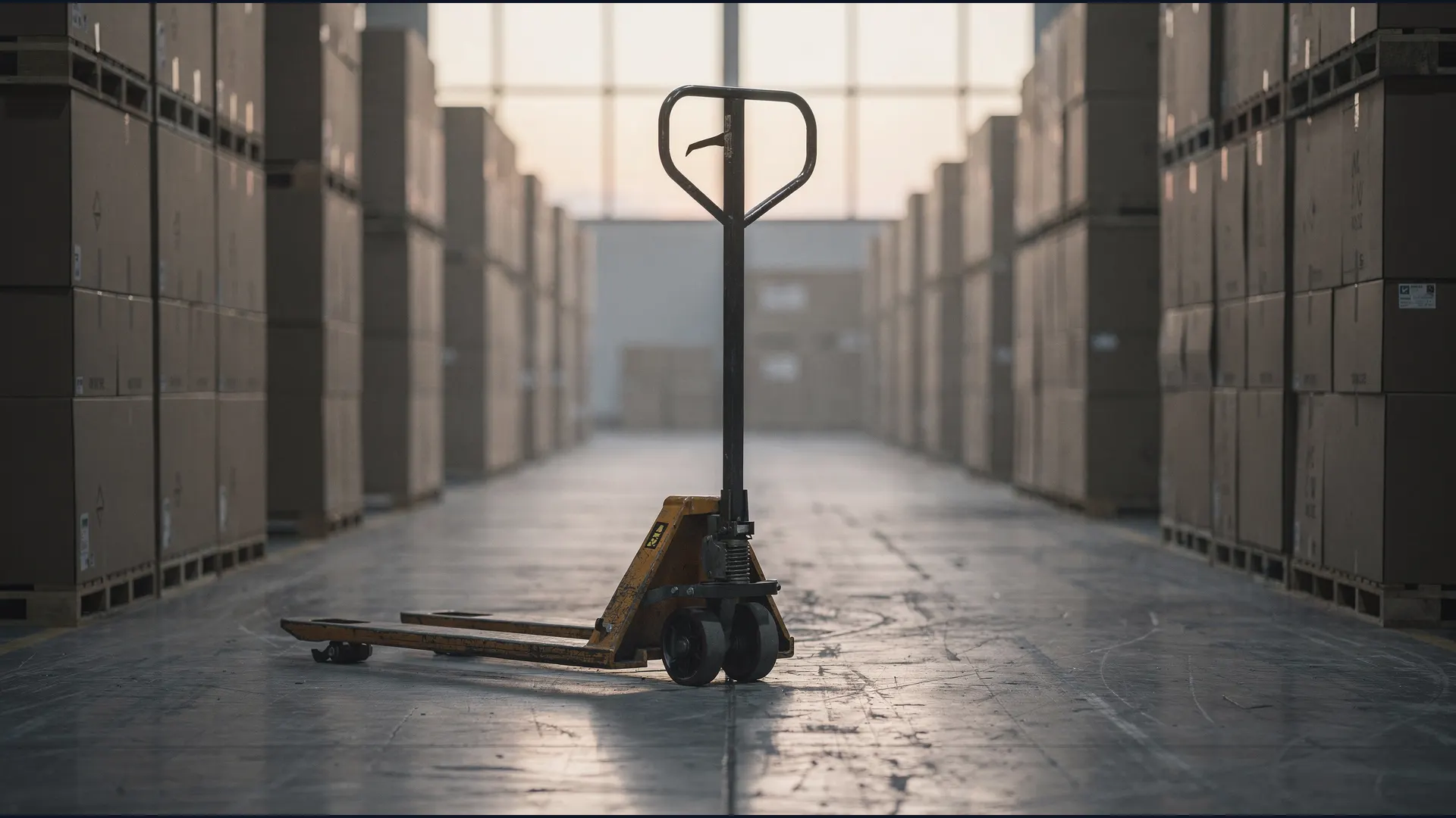 An empty warehouse aisle at first light, with a pallet jack beside stacks of unmarked cartons.