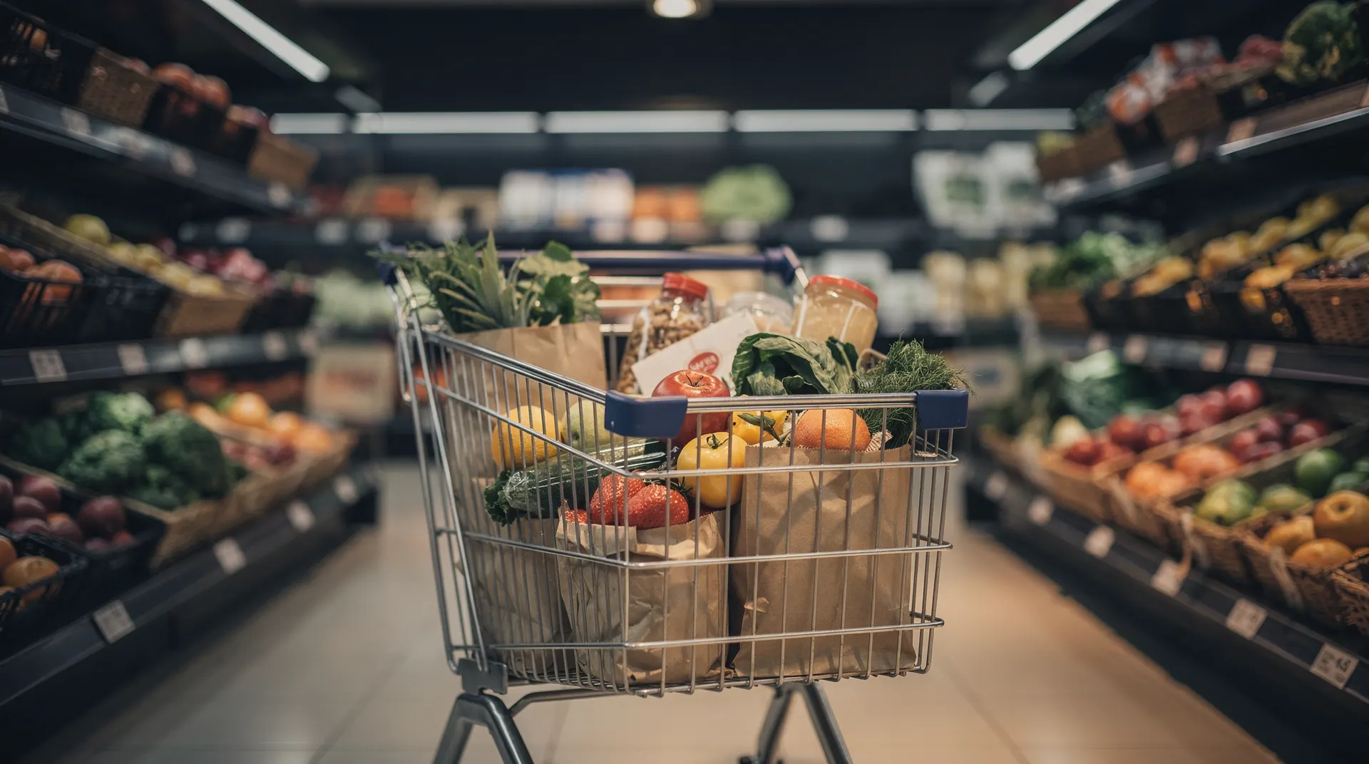 A shopping cart of loose groceries stands in a softly lit supermarket produce aisle.