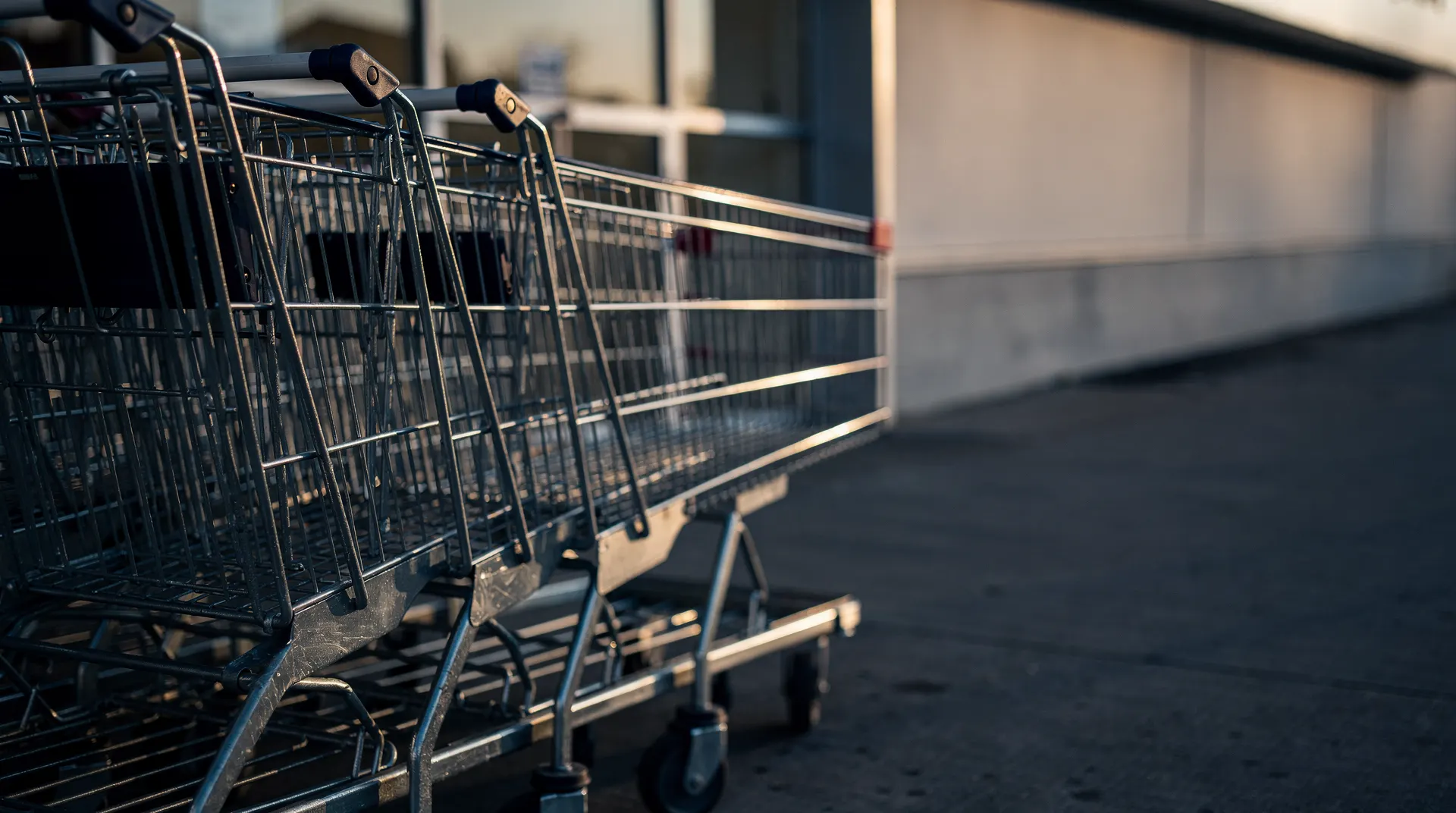 Empty shopping carts line up outside an unmarked store in early-morning light.