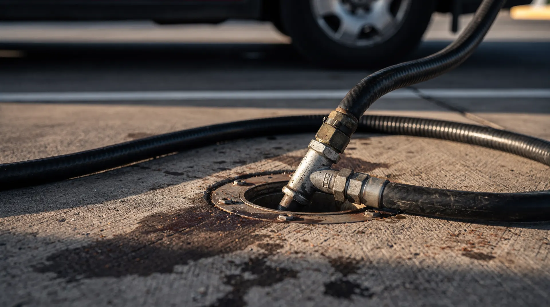 Gasoline pump nozzle inserted into a vehicle fuel filler in warm late-afternoon light.
