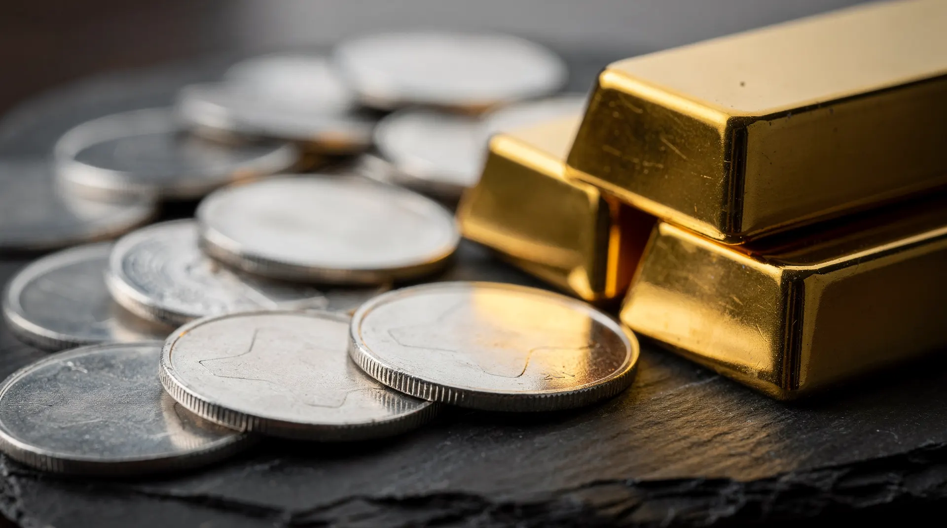 Close-up of three shiny gold bars stacked next to a scattered pile of silver coins on a dark, textured surface.