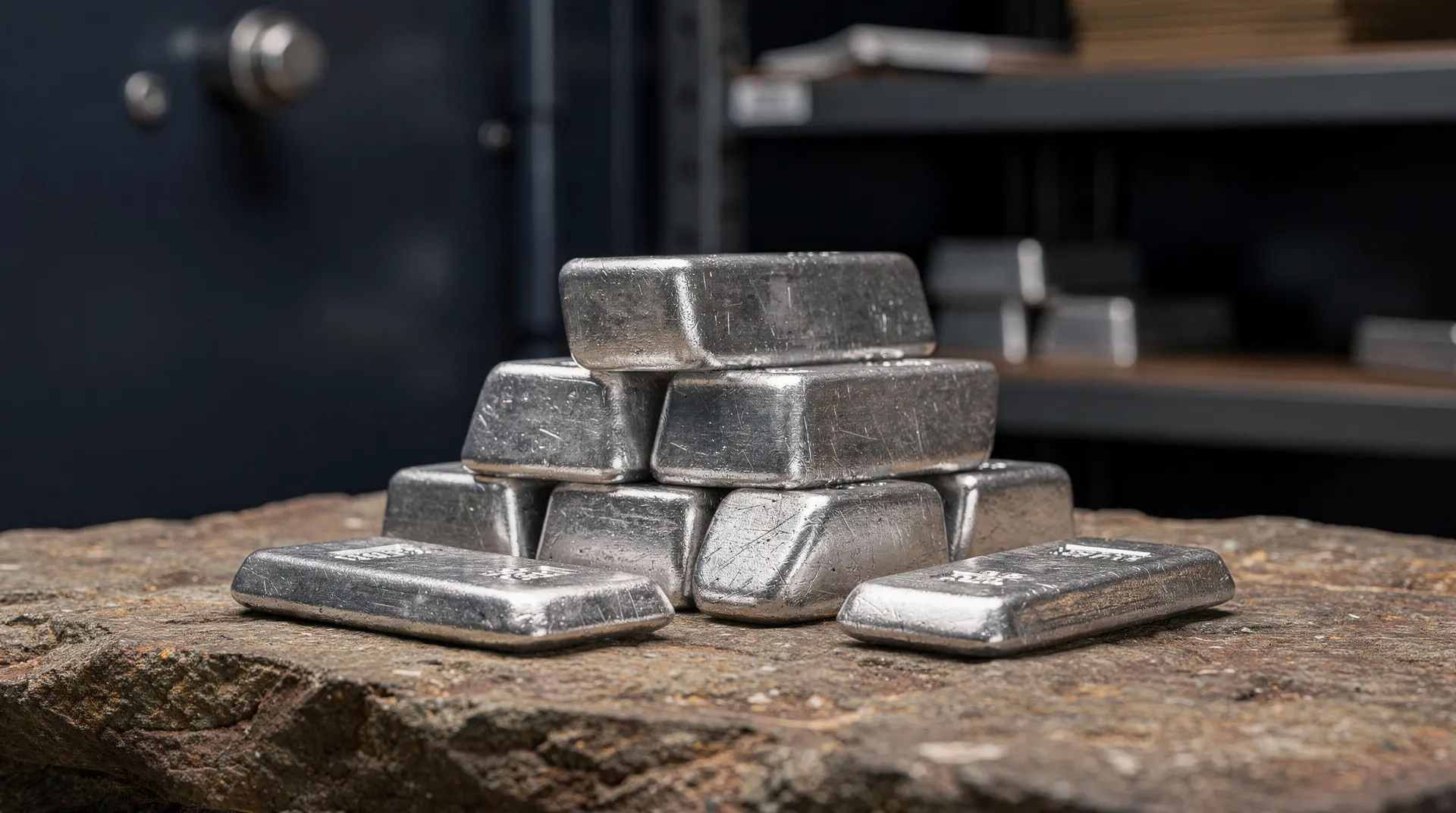 Unmarked silver bullion bars rest on a stone surface against dark vault shelving.