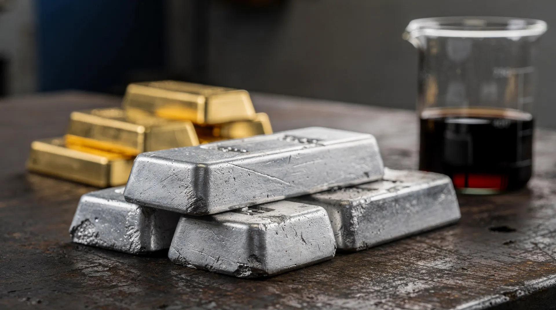 Silver ingots sit beside gold ingots and a glass vessel of crude oil on a dark worktable.