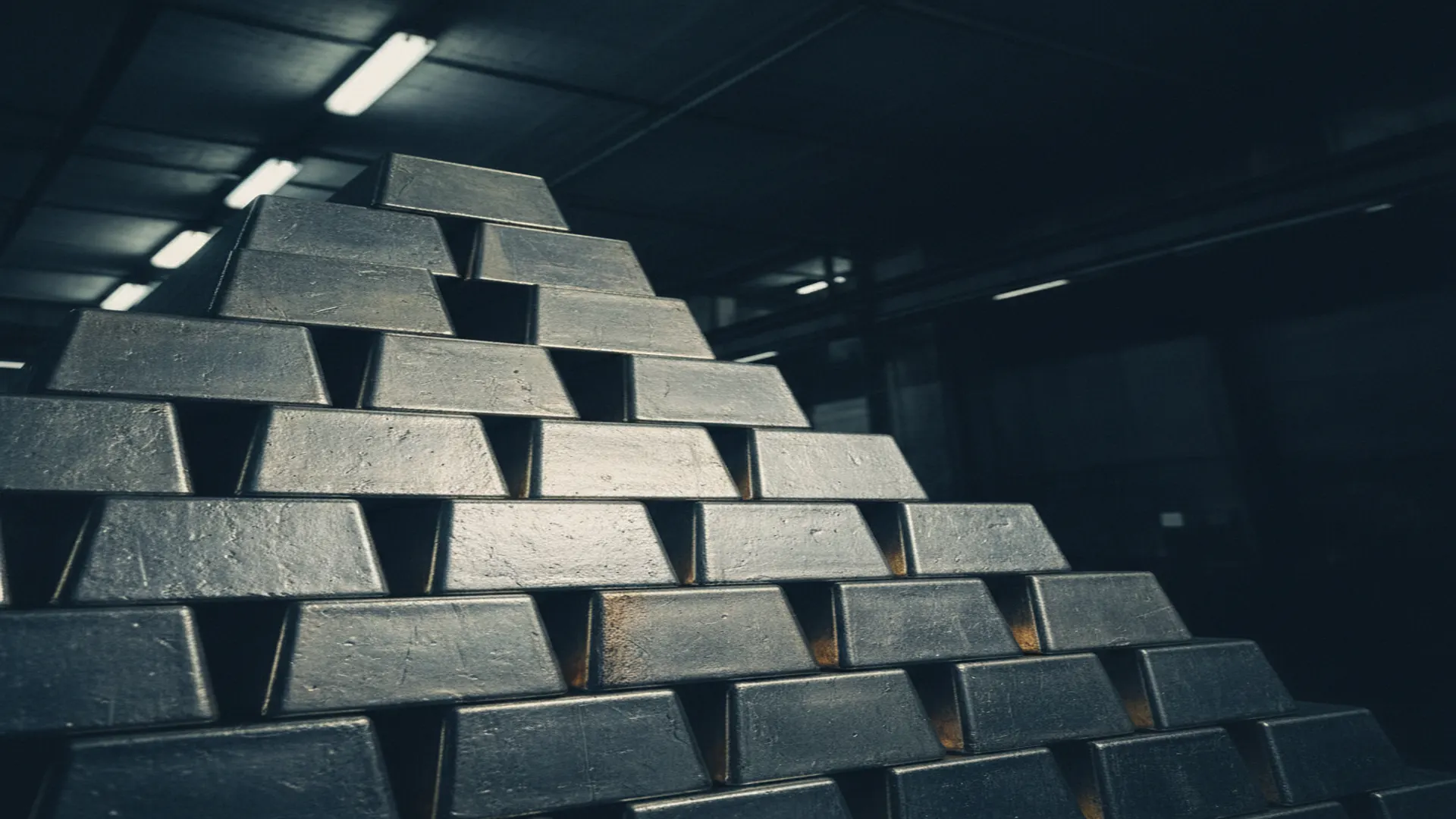 Stacked silver bullion bars under dramatic vault lighting, dark negative space reserved above.