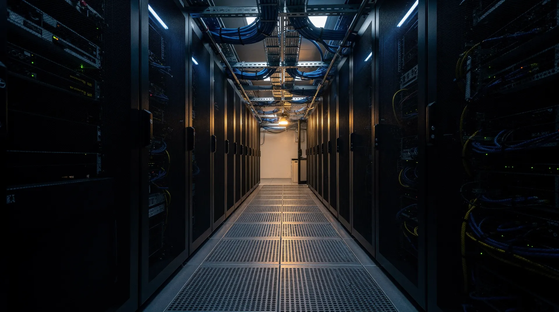 Closed server racks line a narrow, blue-lit data-center aisle beneath overhead cooling ducts.