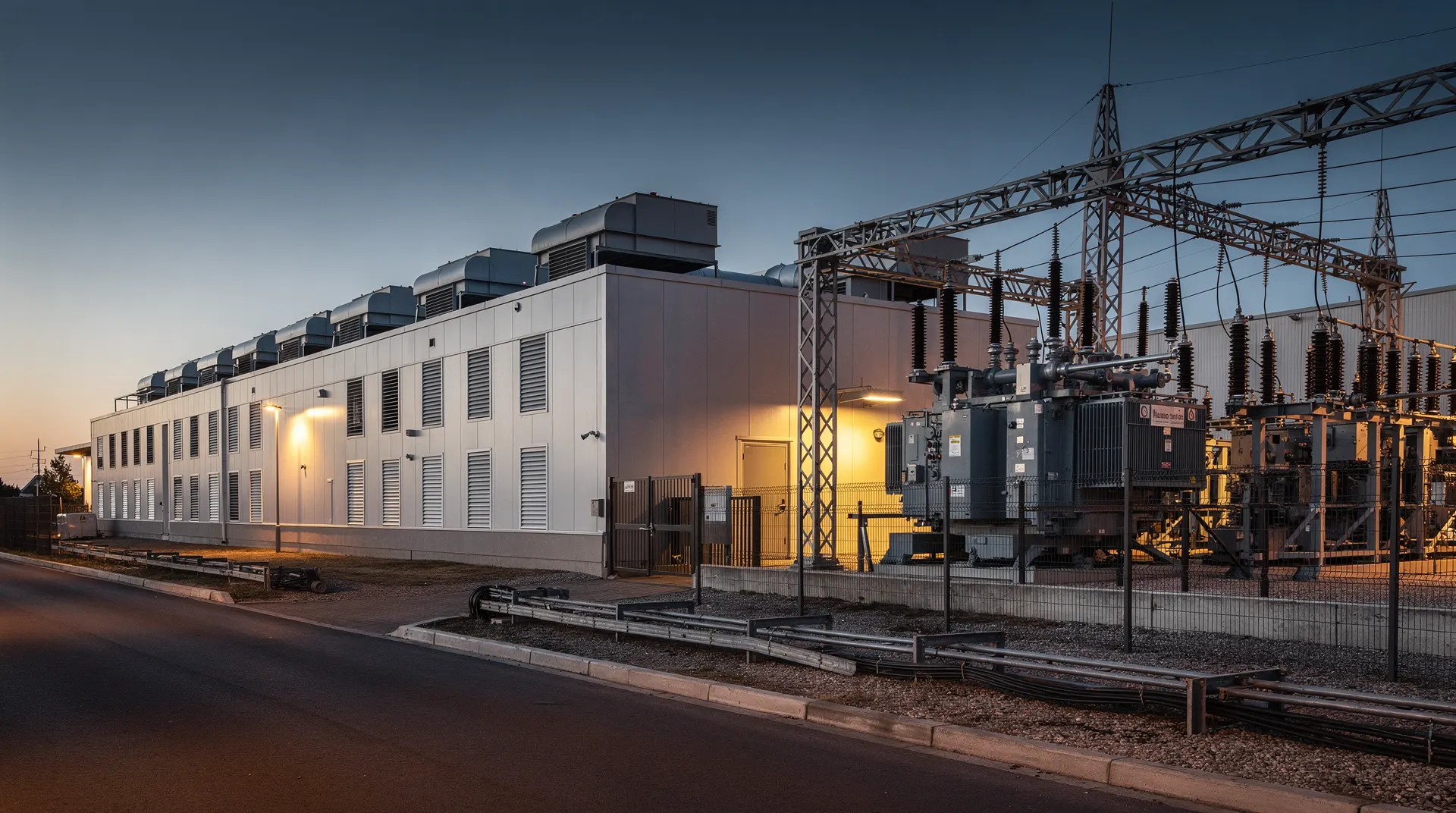A data center hall and adjacent electrical substation at dusk.