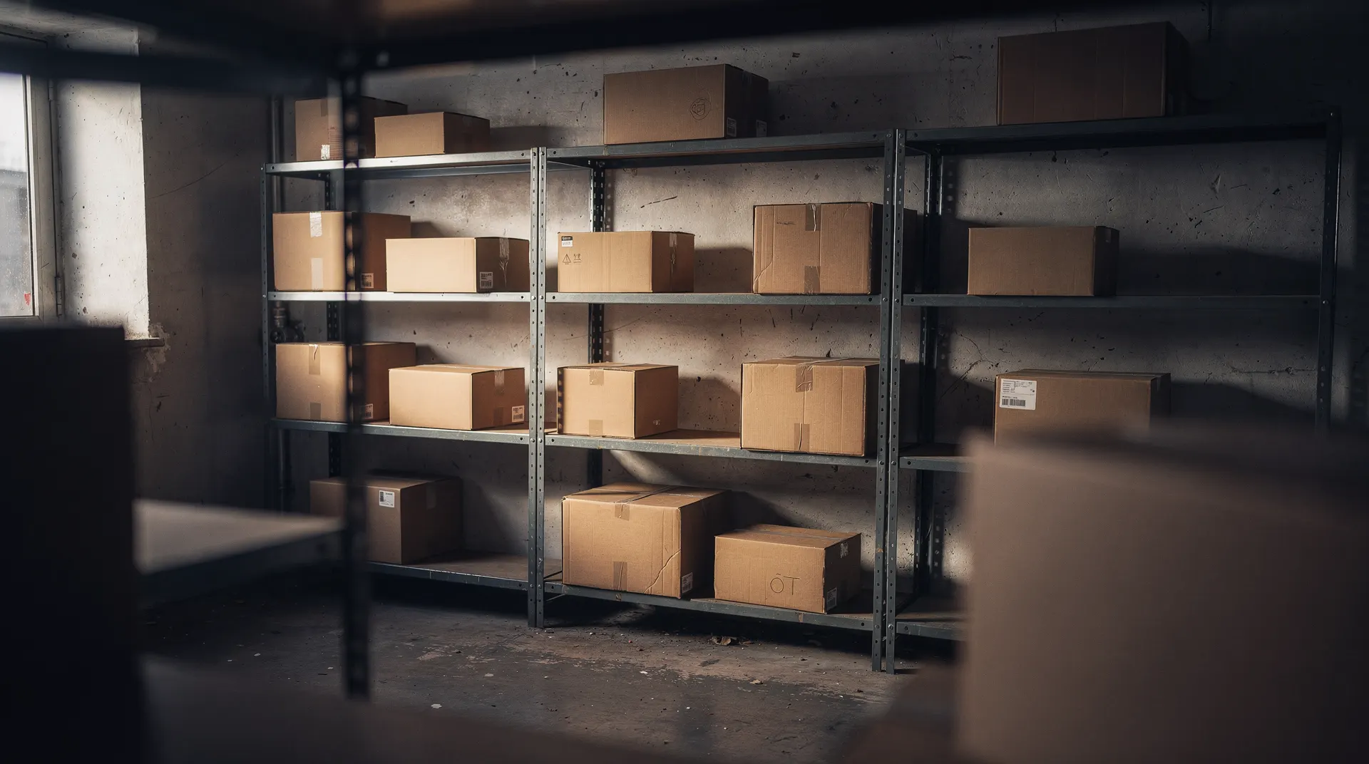 Sparsely stocked shelves and a few plain cartons in a small retailer’s stockroom.