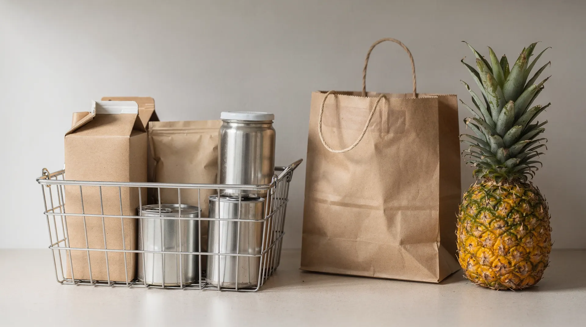 A grocery basket of pantry staples sits beside a plain shopping bag and a pineapple.