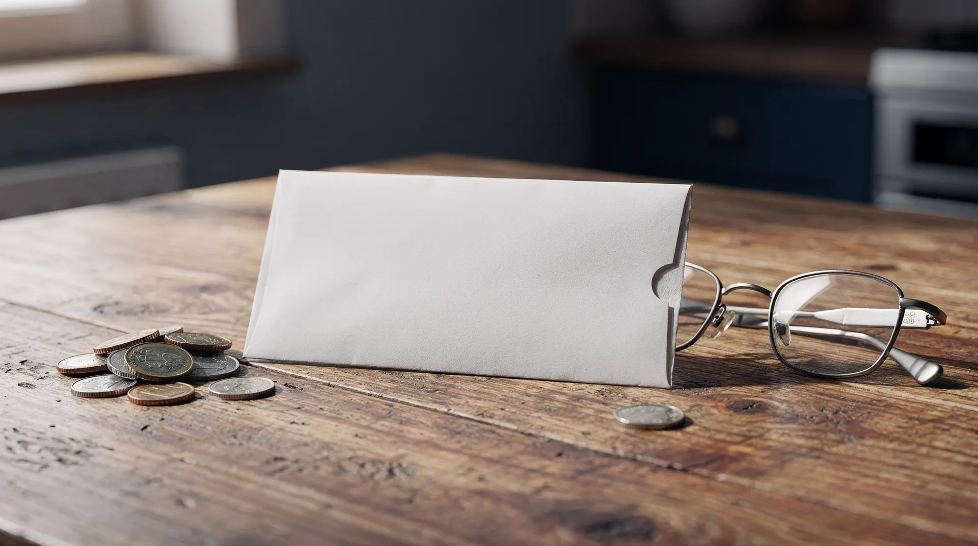 A sealed envelope sits beside coins and reading glasses on a softly lit kitchen table.