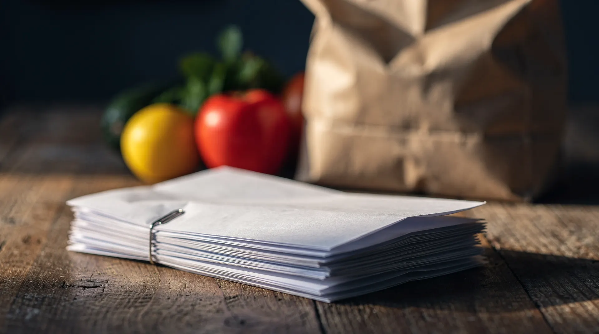 A sealed, unmarked envelope sits on a kitchen table beside groceries in soft window light.