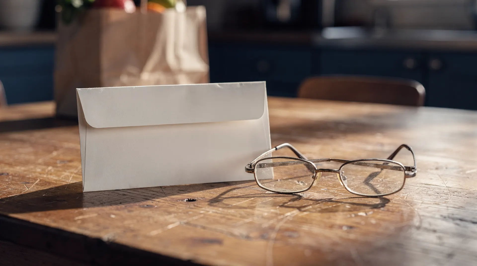 A sealed envelope and reading glasses sit on a kitchen table beside a small bag of groceries.
