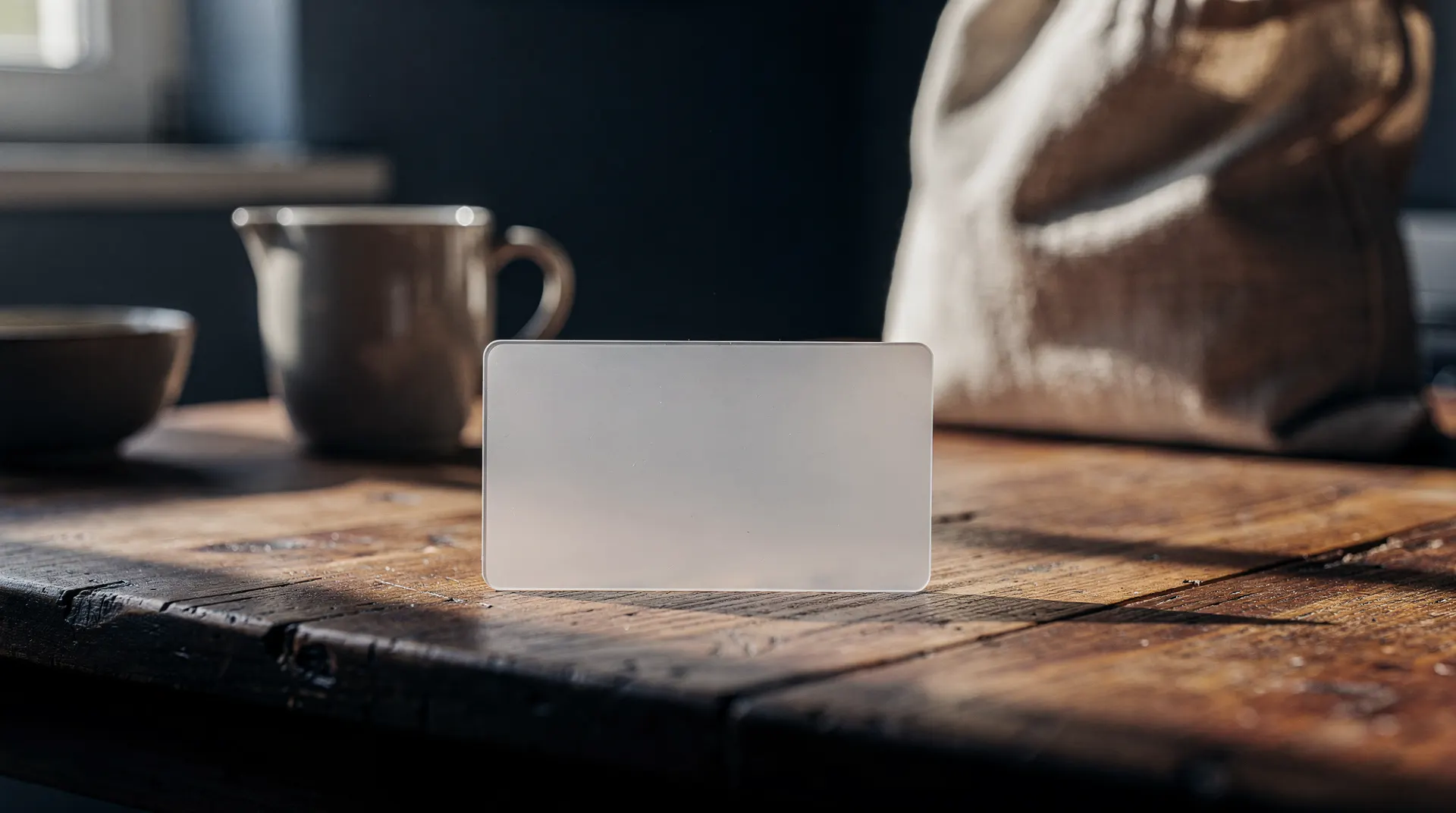 An unmarked envelope and a few coins rest on a kitchen table, with groceries softly blurred behind them.