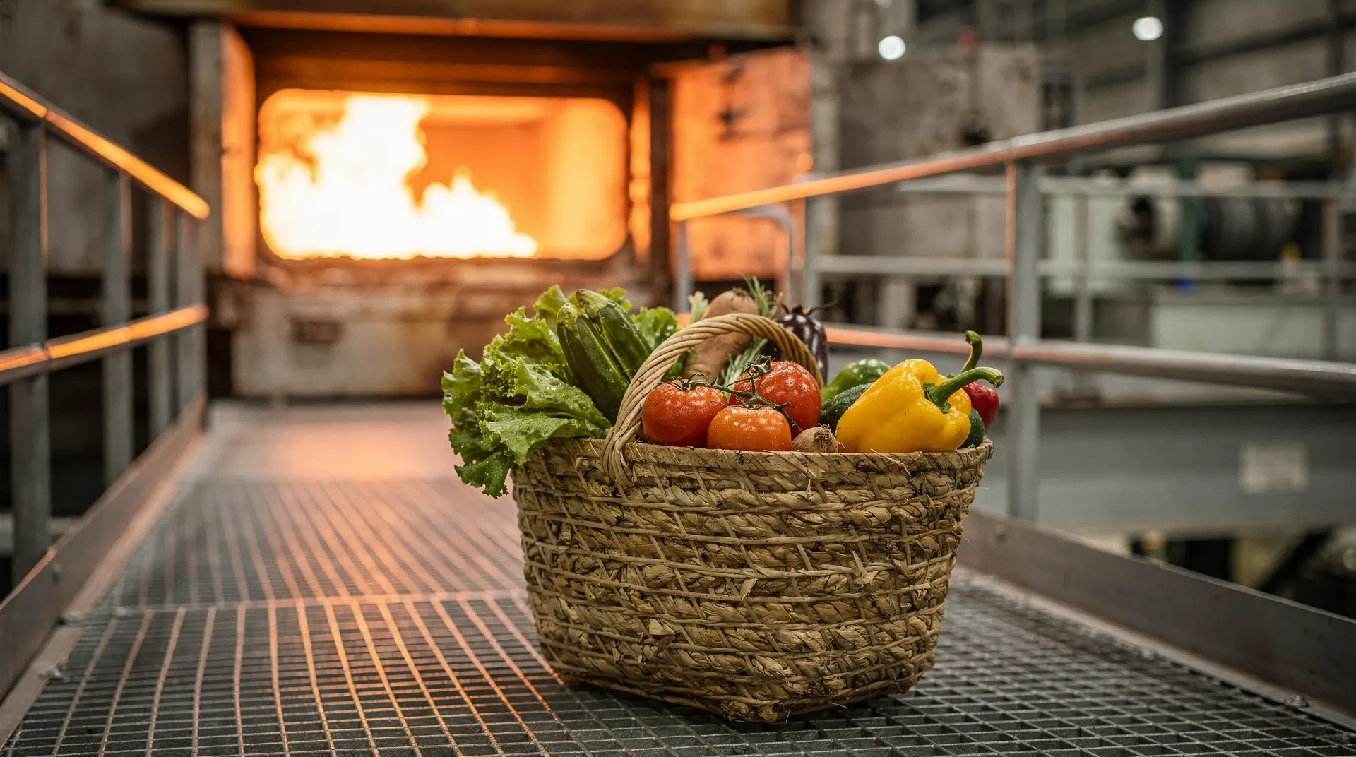 A grocery basket of produce on a factory walkway with a glowing furnace behind it.
