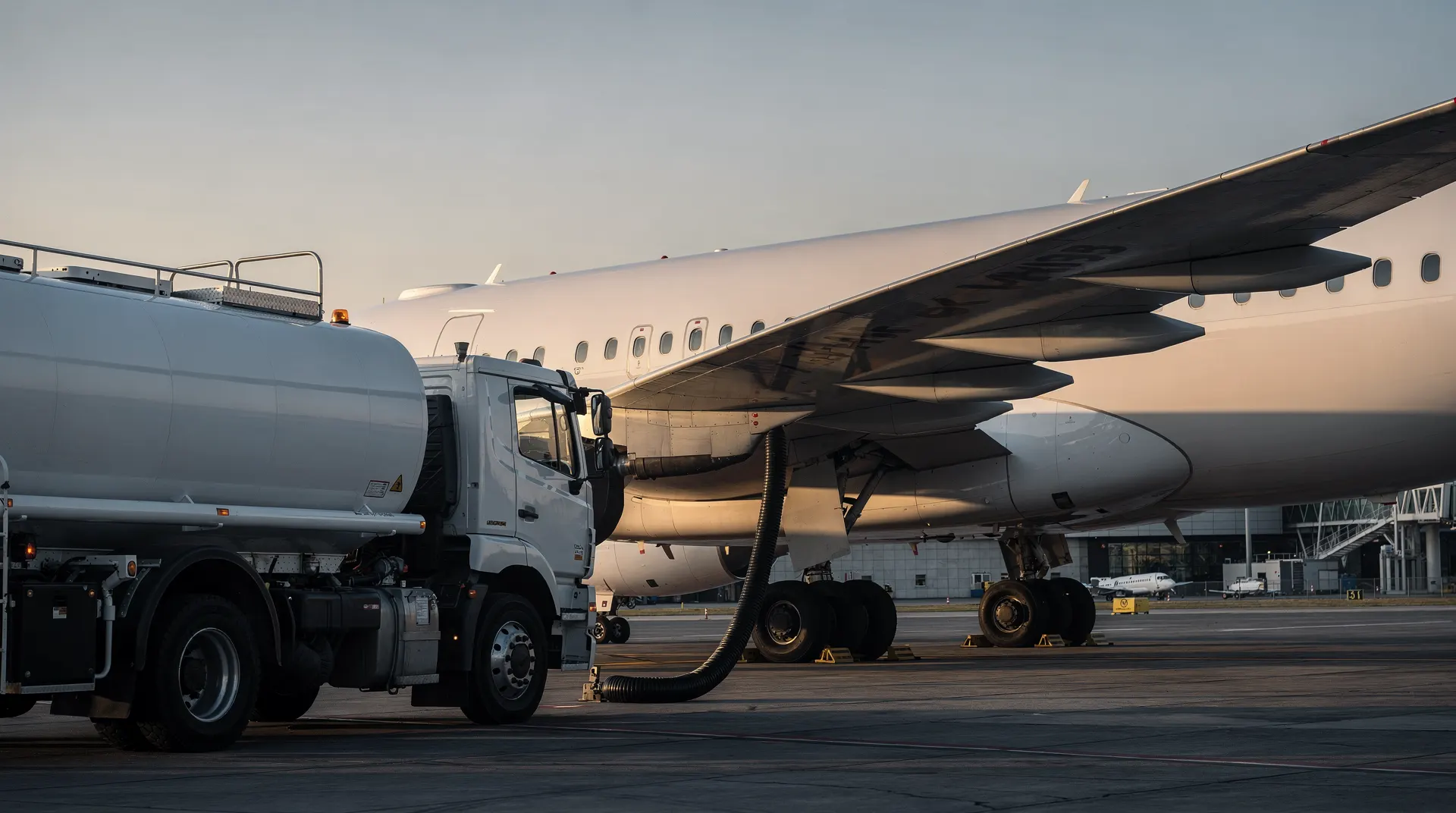 An unmarked passenger jet is refueled on an airport apron in warm late-afternoon light.