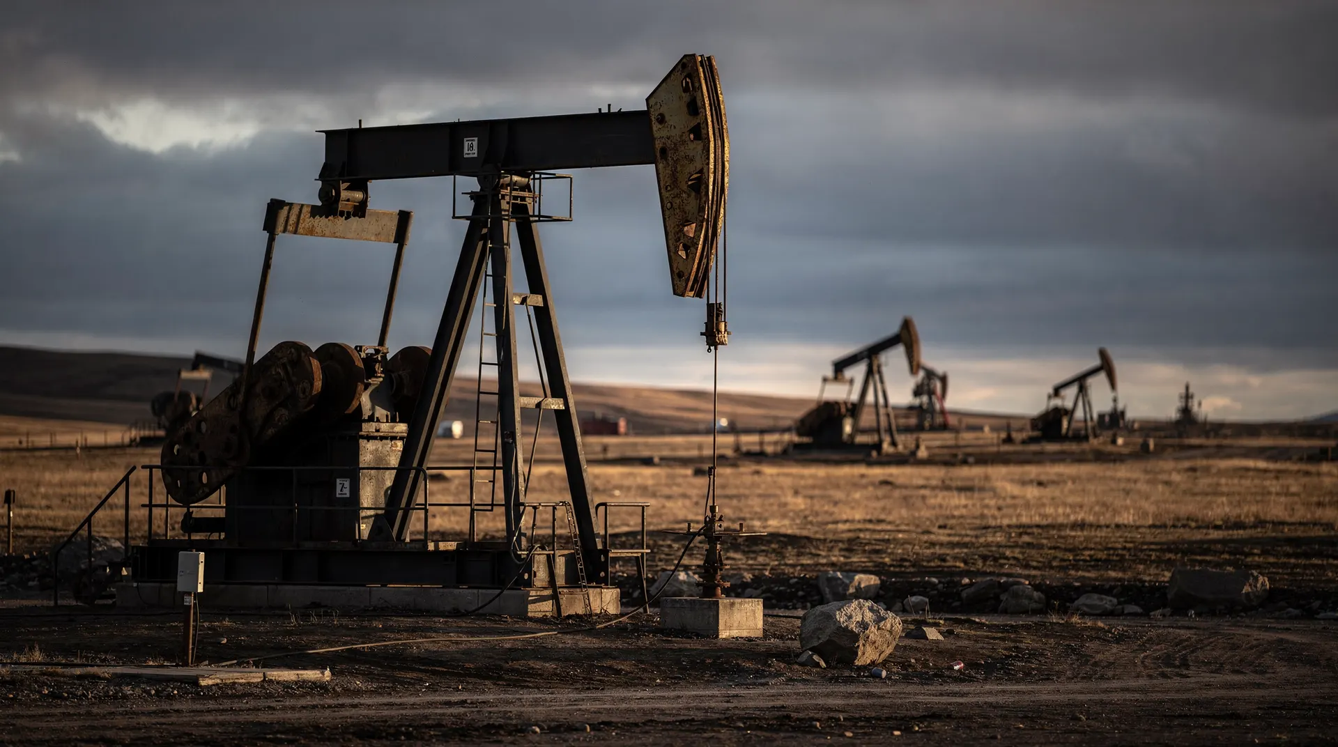 An oil pumpjack stands beneath a heavy sky, with more pumpjacks blurred in the distance.