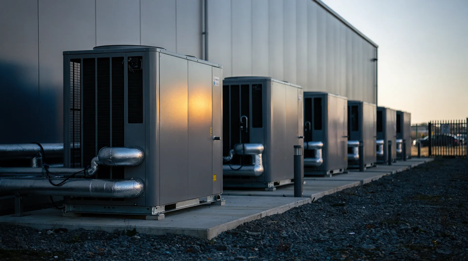 Closed server cabinets recede into a dim data center, with warm light falling on the nearest cabinet.