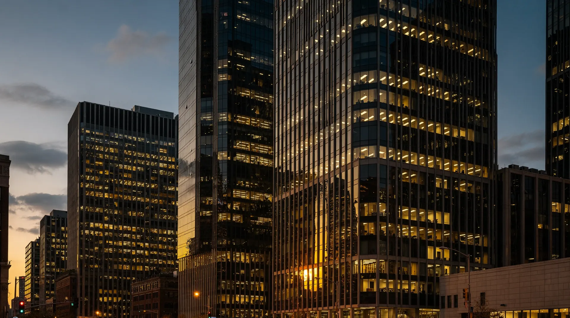 Glass financial-district towers glowing gold at dusk under a clearing sky