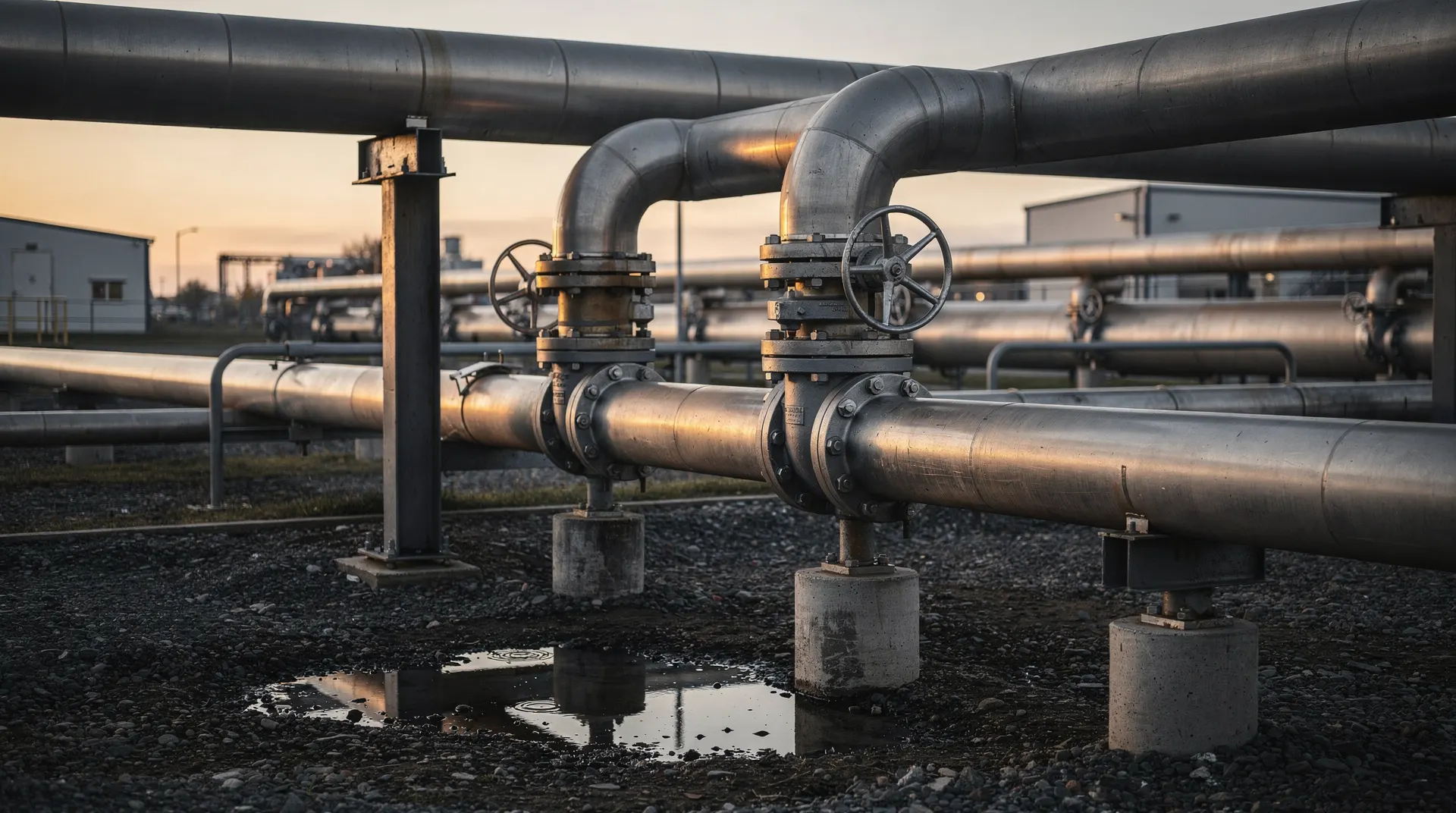 Unmarked oil barrels stand in a quiet storage yard, with office towers blurred in the distance.