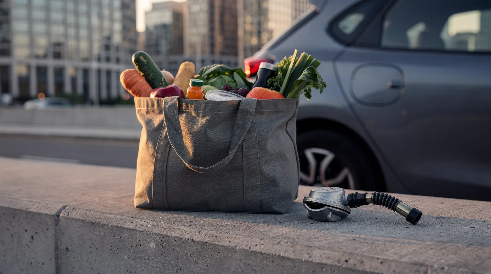 A gasoline pump nozzle rests beside a bag of groceries, with office buildings blurred in the distance.