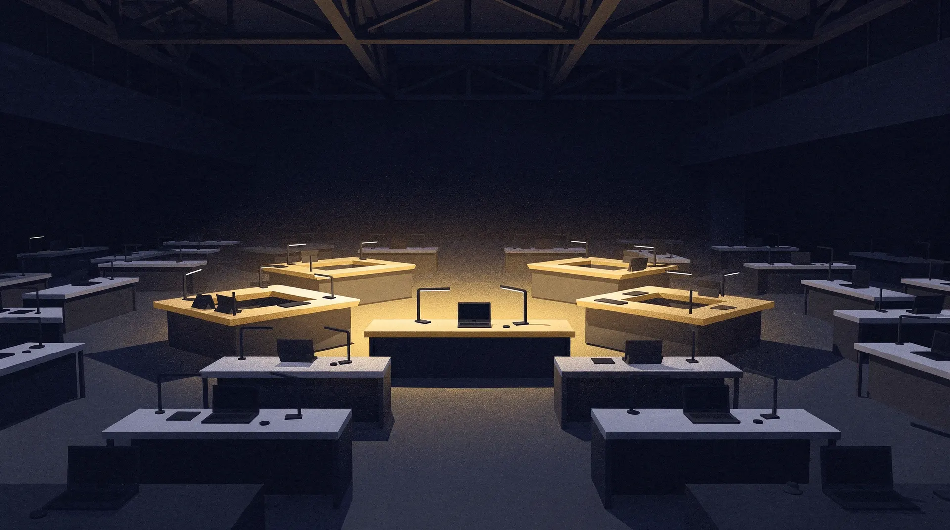 A warmly lit bank of enclosed server cabinets stands before rows fading into shadow.