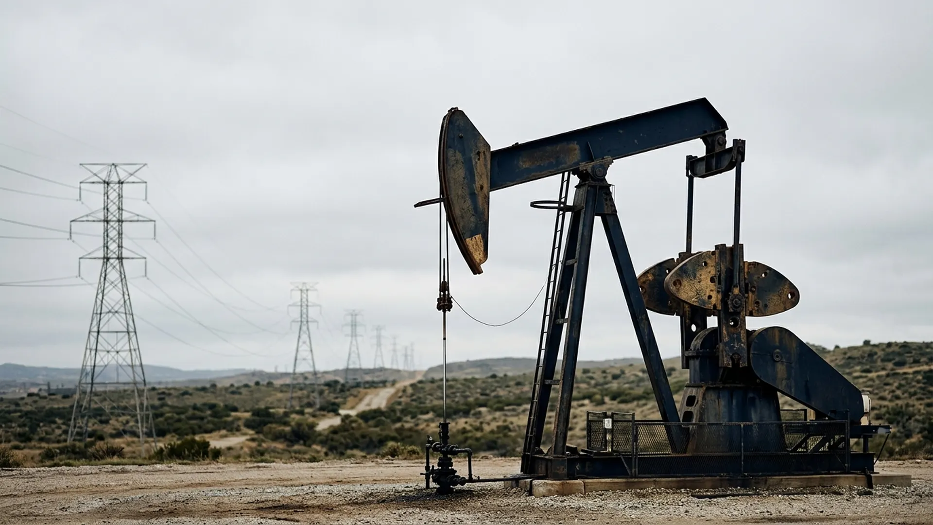 An oil pumpjack stands in the foreground, with electrical transmission towers under an overcast sky.