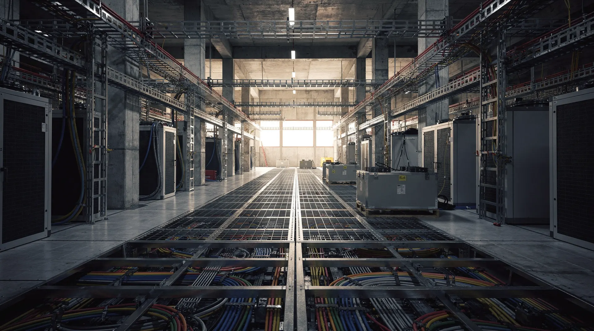 Empty server racks recede through a partially completed data center, with unmarked crates beside the aisle.