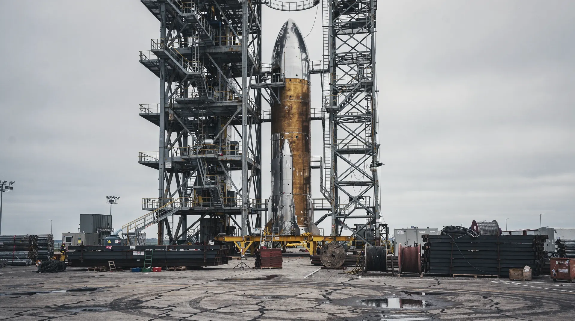 An unmarked rocket booster stands beside scaffolding and unfinished infrastructure under an overcast sky.