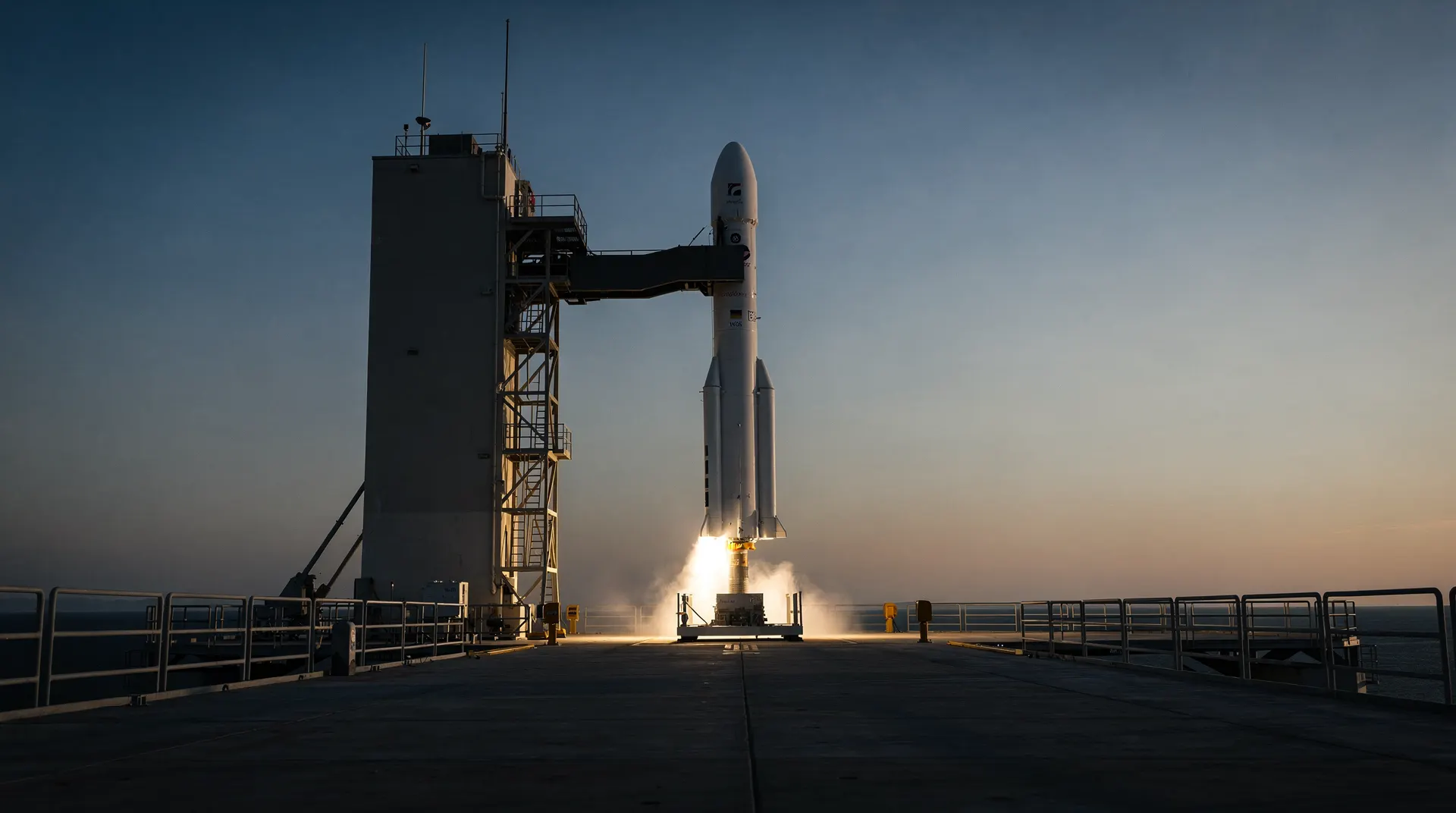 An unmarked launch vehicle stands beside a launch tower at dusk, with faint vapor near its base.