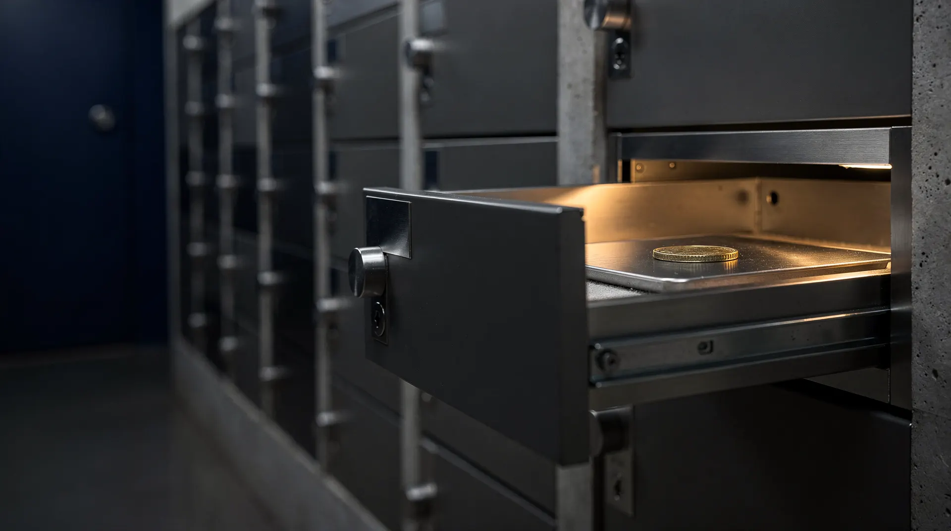 An unmarked coin sits before a steel bank vault door in low light.