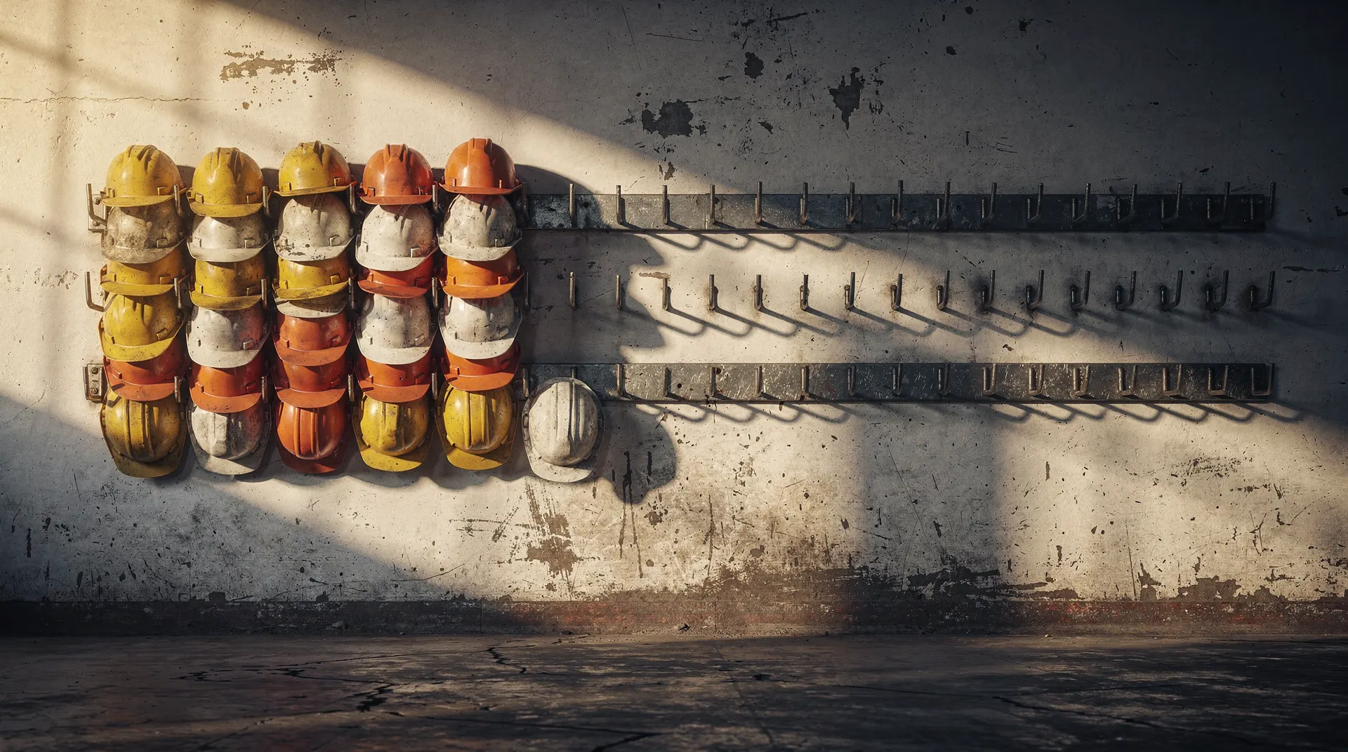 Industrial hard-hat rack, densely filled on one end and nearly empty on the other, in warm morning light