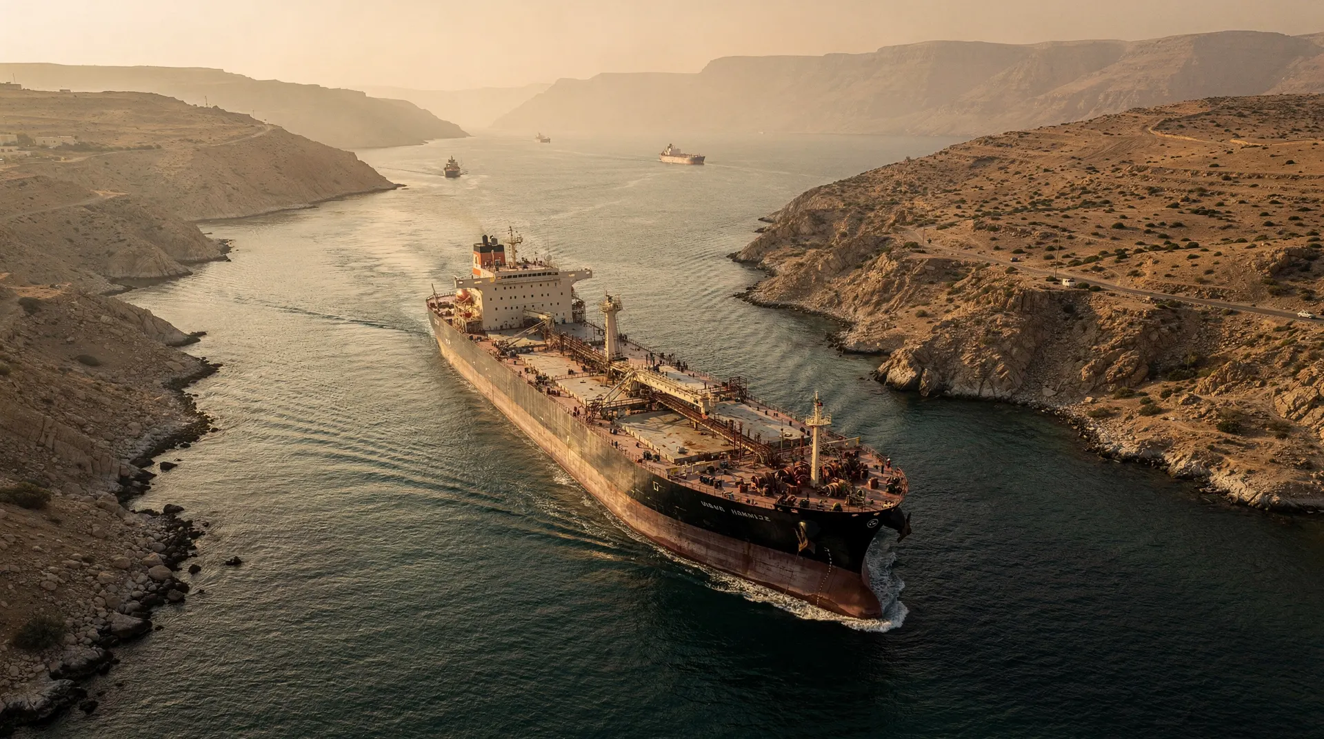 Crude oil supertanker navigating the Strait of Hormuz at golden hour with arid coastline