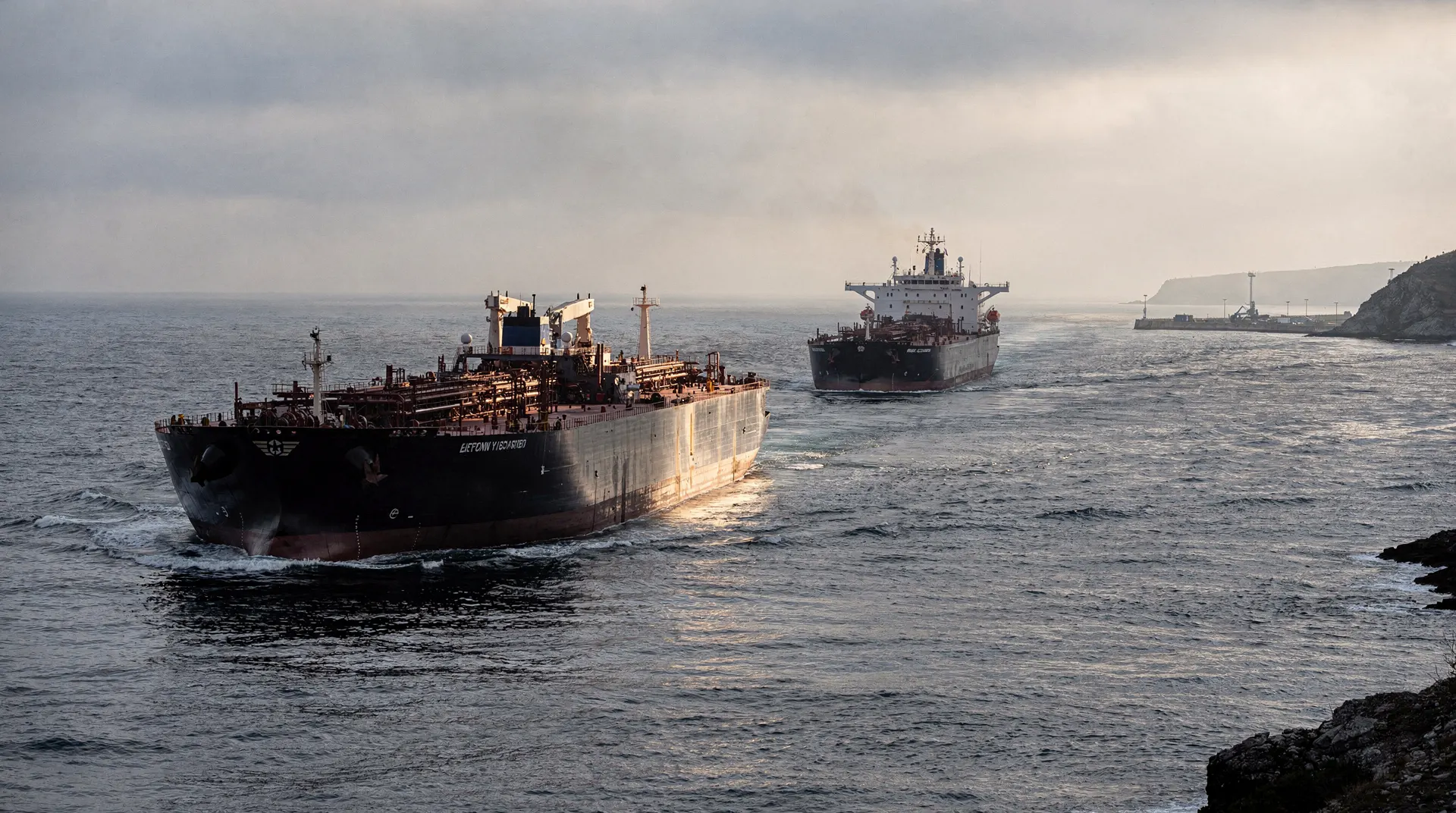 Two laden oil tankers cross a narrow, hazy stretch of water beneath an overcast sky.