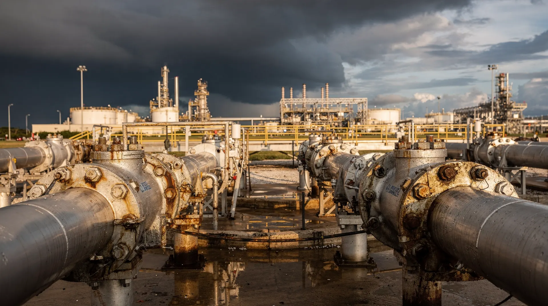 Crude-oil pipeline valves beneath clearing storm clouds, with refinery structures in the distance.