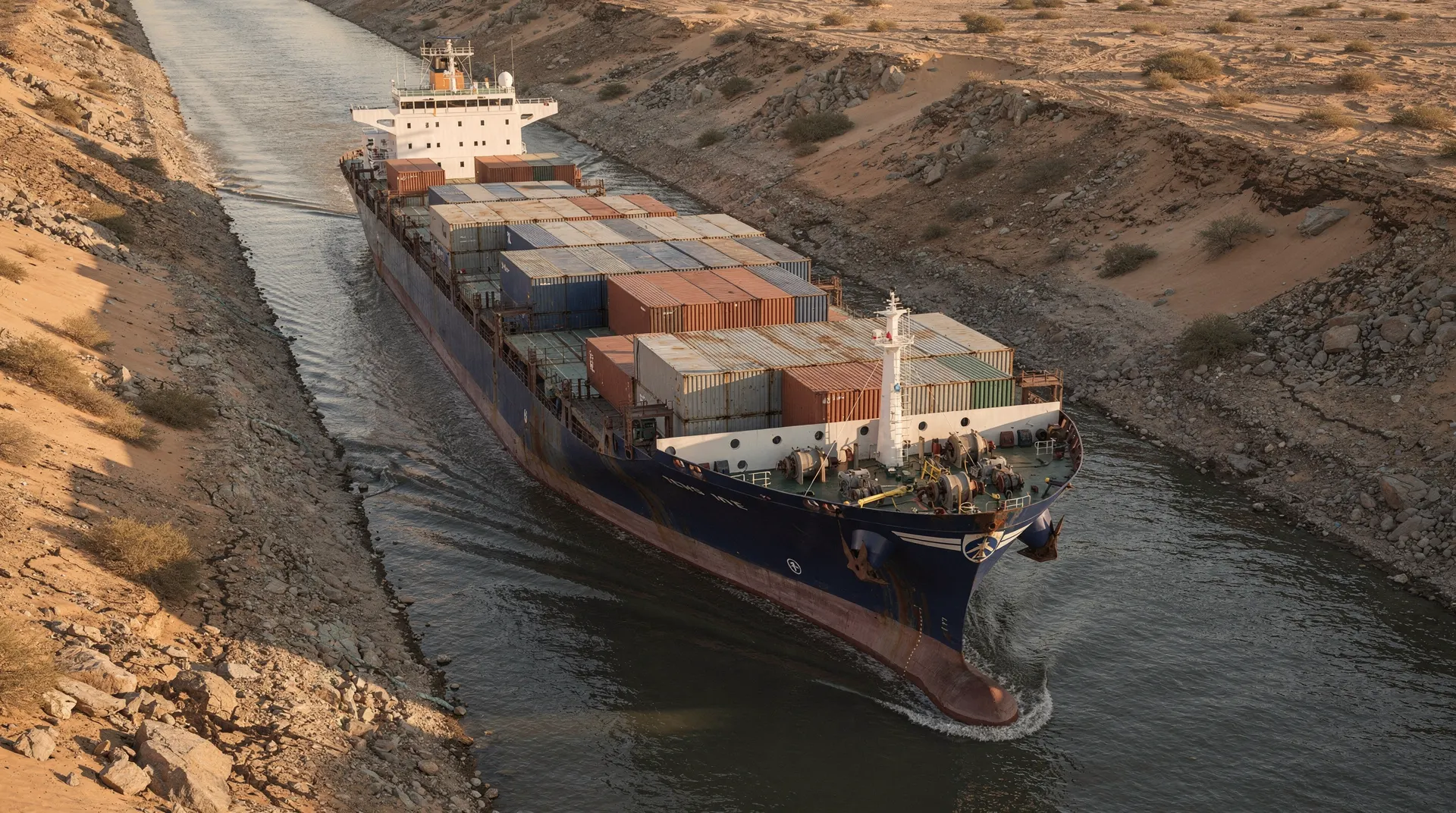 An unmarked container ship moves through a narrow canal bordered by sandy banks.