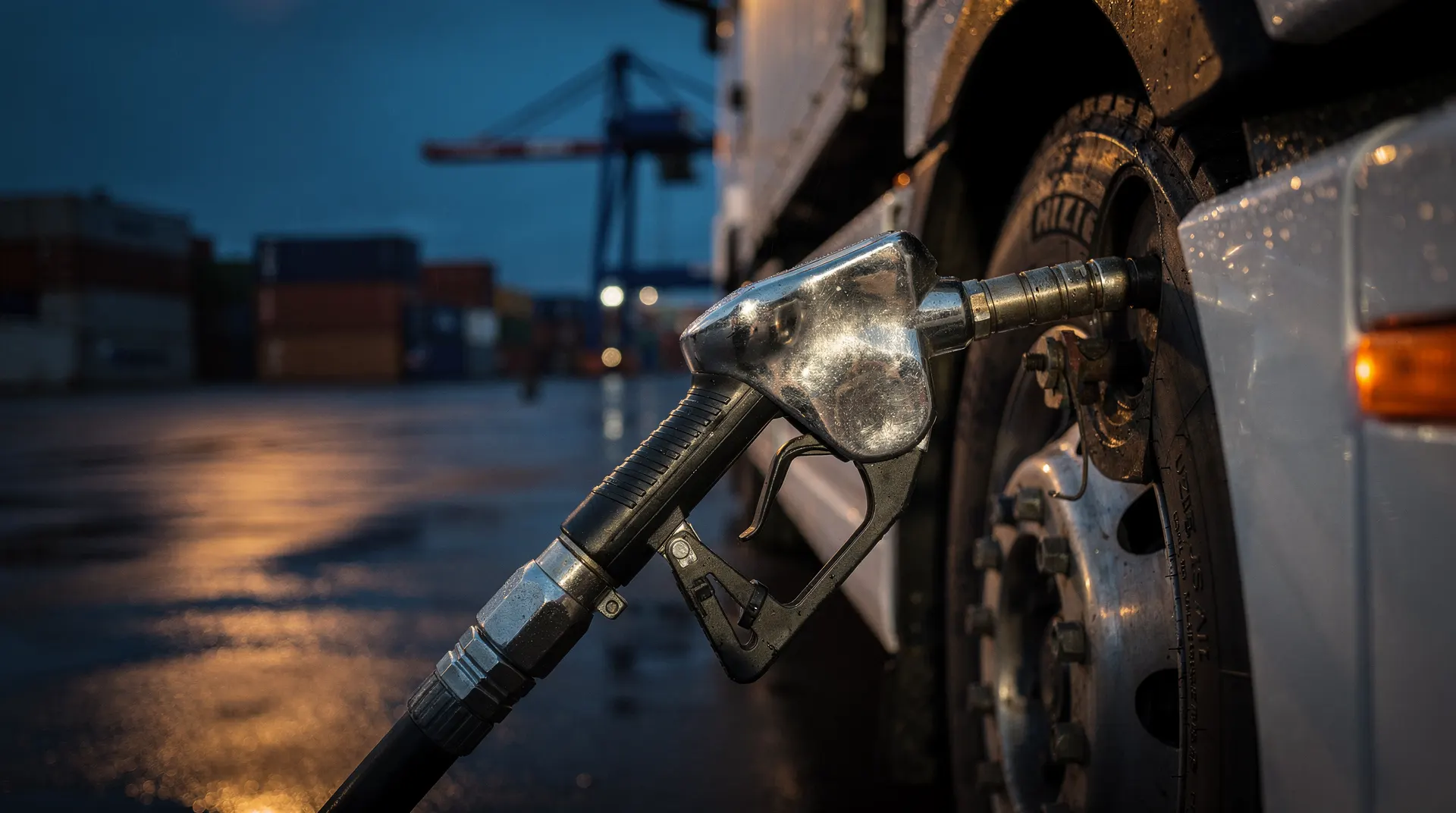 Diesel pump nozzle fueling a semi-truck at dusk with a hazy container port and crane in the background