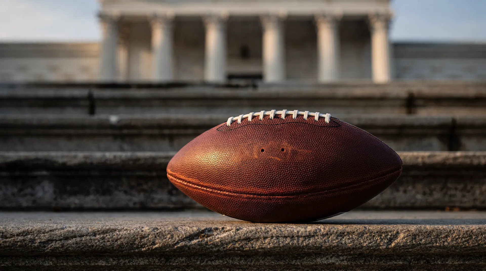 An unbranded football rests on stone courthouse steps, with columns blurred in the background.