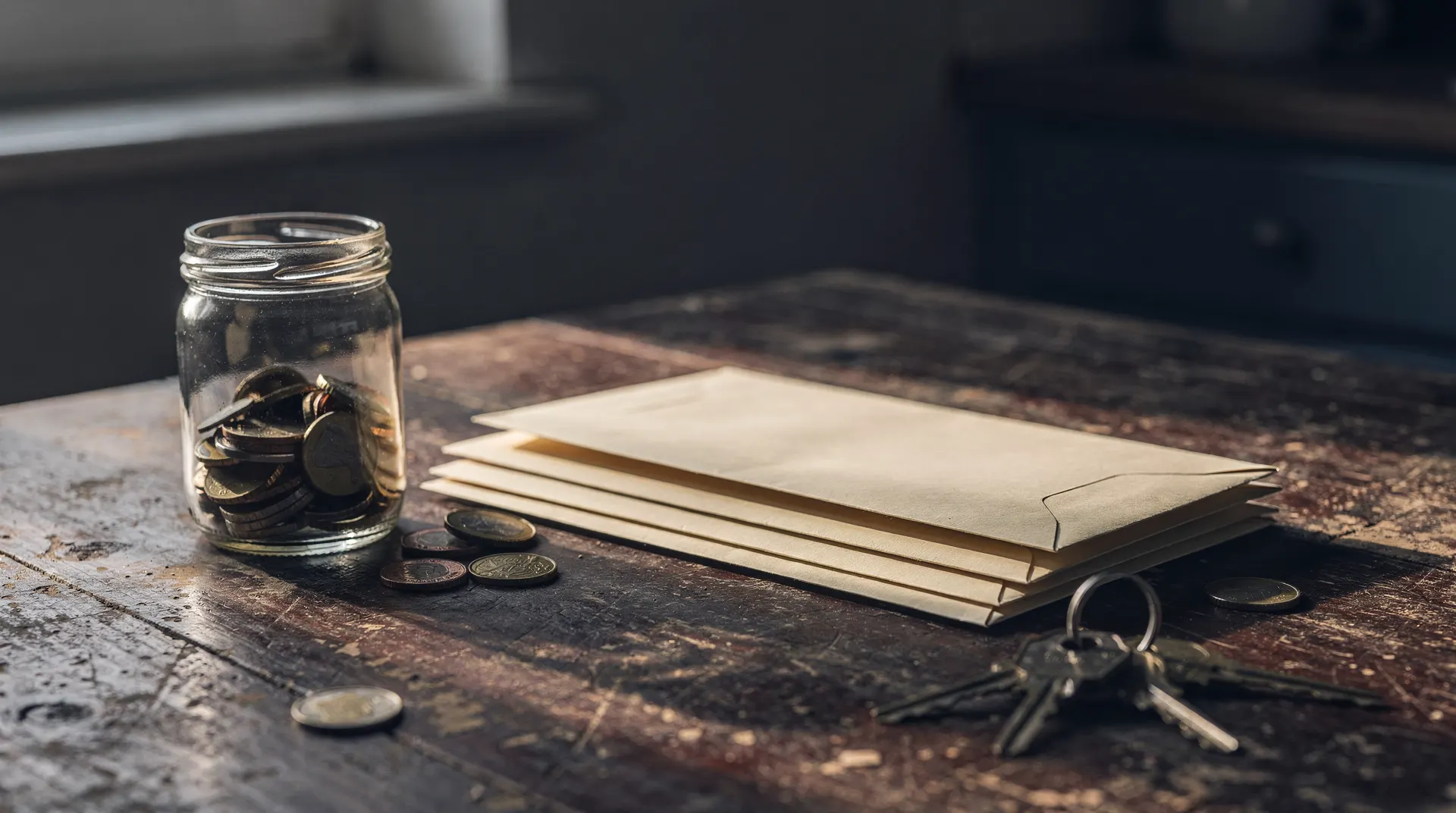 Unopened envelopes, a small jar of coins and house keys rest on a worn kitchen table.