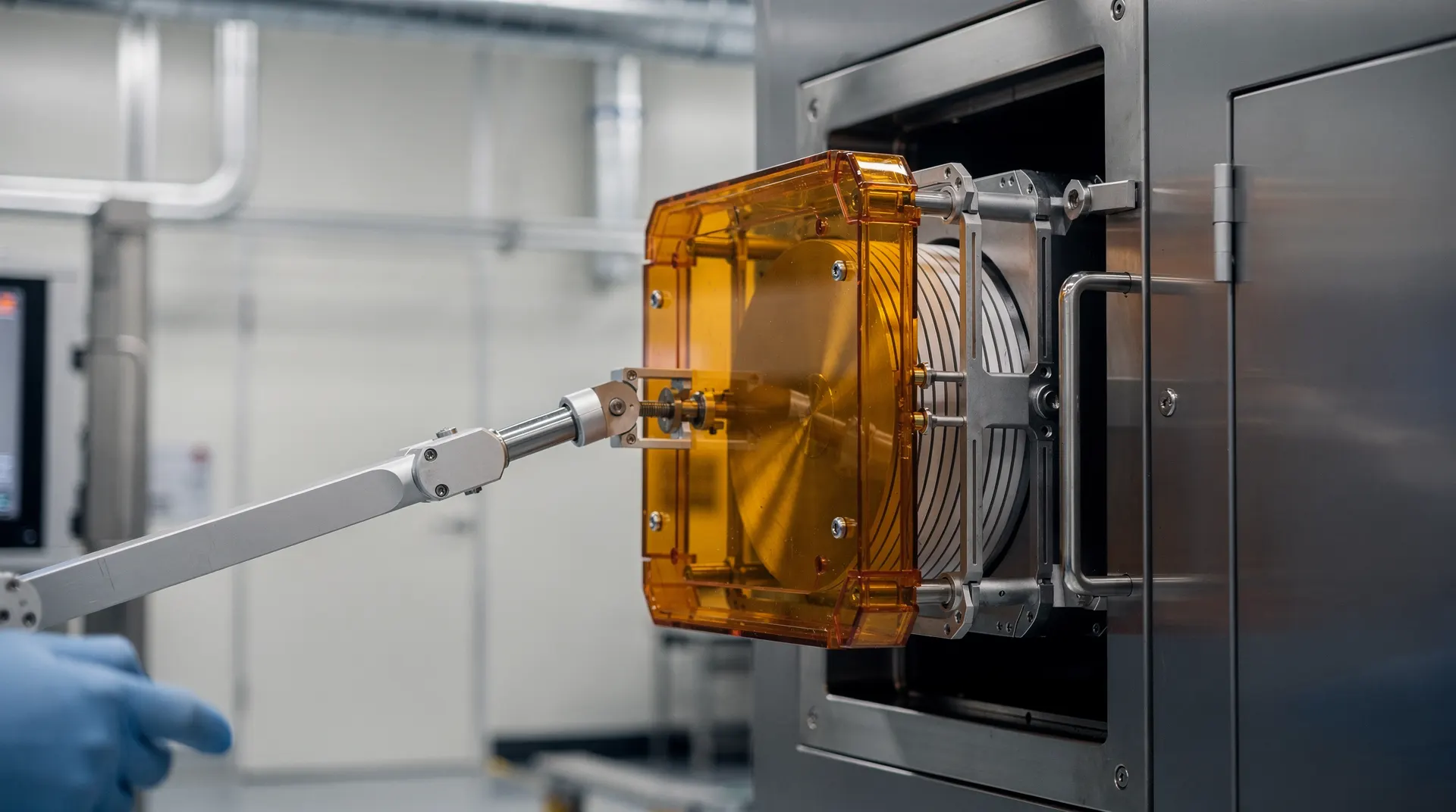 A silicon wafer rests in a metal inspection fixture against blurred cleanroom equipment.