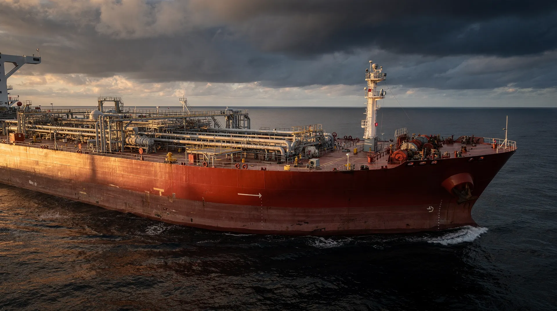 A crude-oil supertanker at anchor in hazy open water under a golden-hour storm sky.