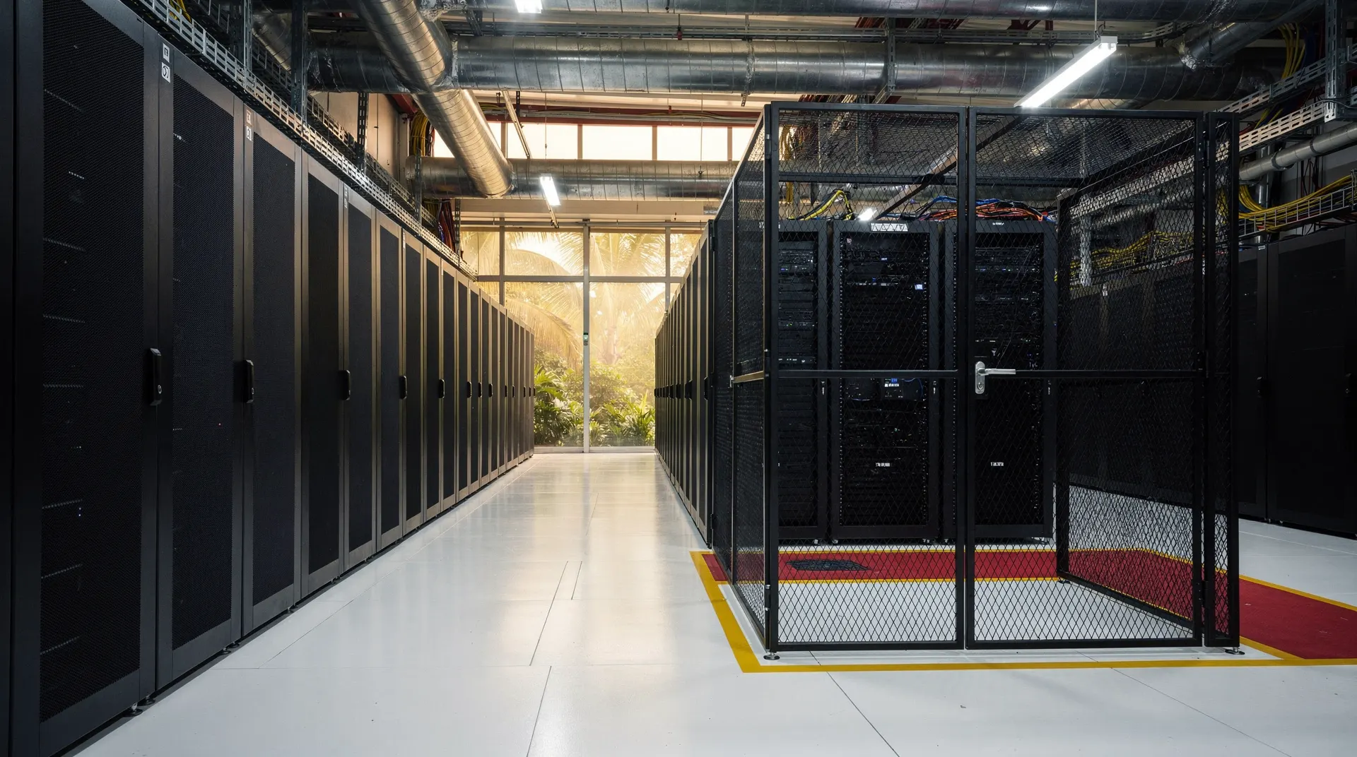 Closed server racks recede along an empty, blue-lit data center aisle.