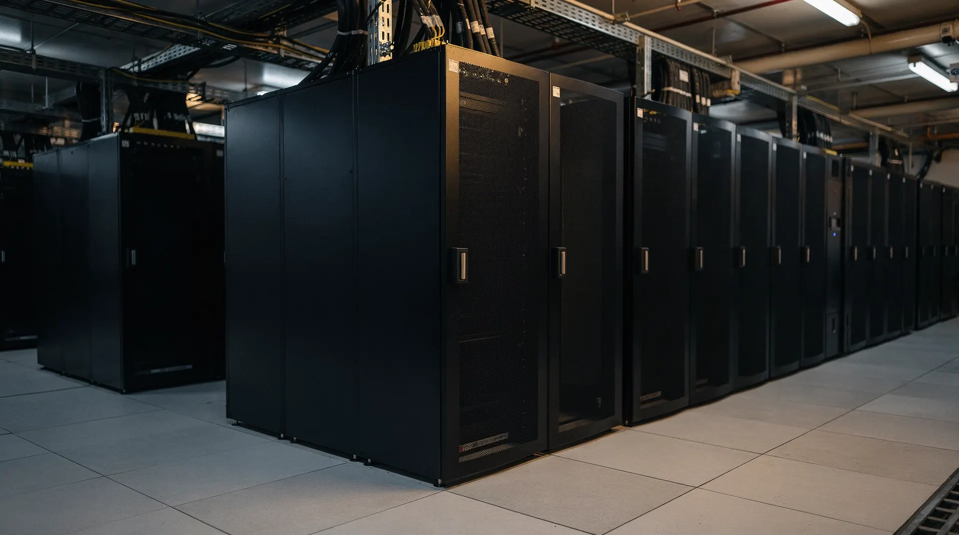An unbranded server rack catches warm light as a darker datacenter aisle recedes behind it.