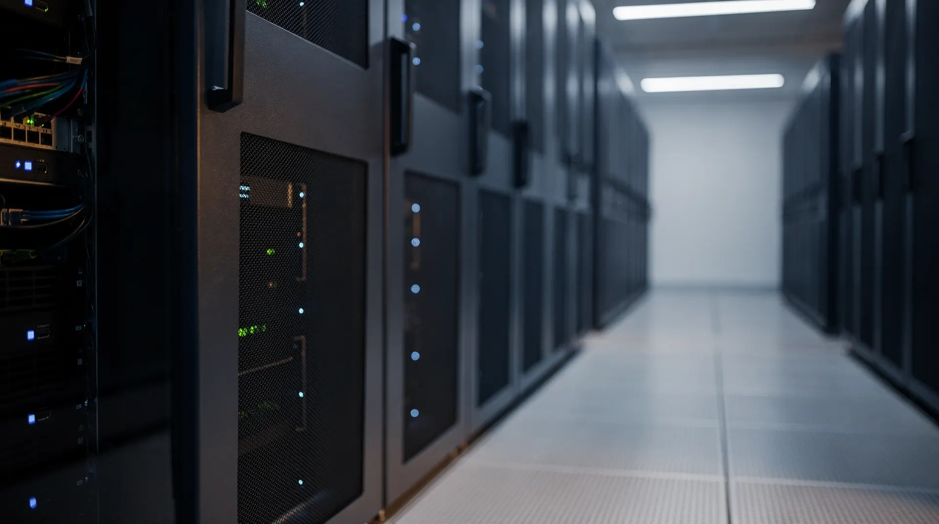 Unmarked rack-mounted servers line a dim data center aisle under cool overhead light.