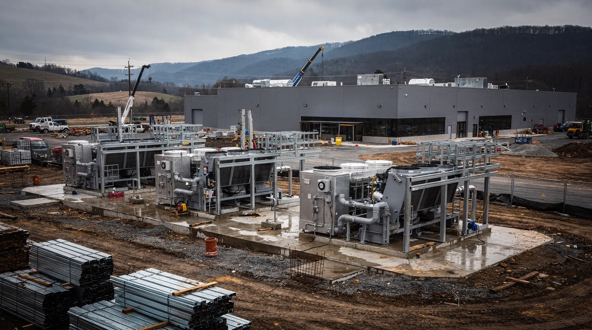 Unfinished substation structures stand near a distant data center building beneath an overcast sky.
