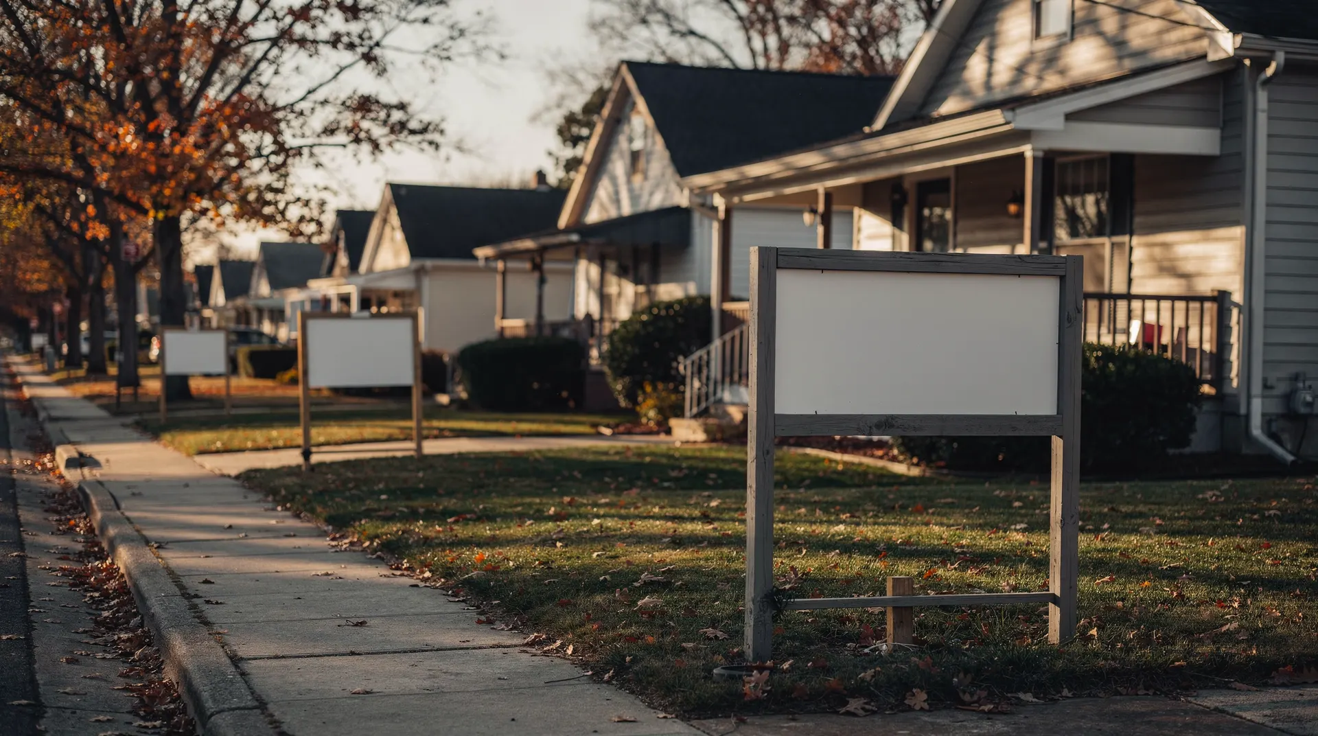 Suburban houses and blank yard signs line a quiet street in warm autumn light.