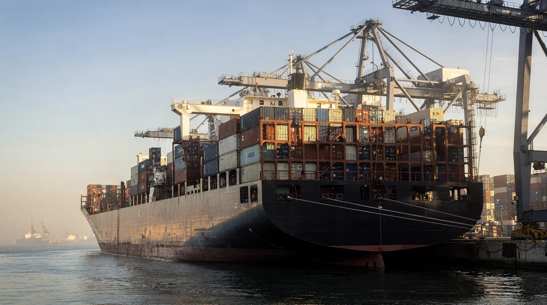 A loaded container ship sits beside port cranes and stacks of containers in hazy afternoon light.