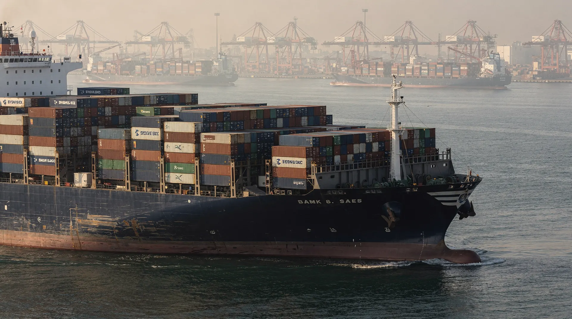 A container ship waits near port cranes, with other vessels at anchor in the hazy distance.