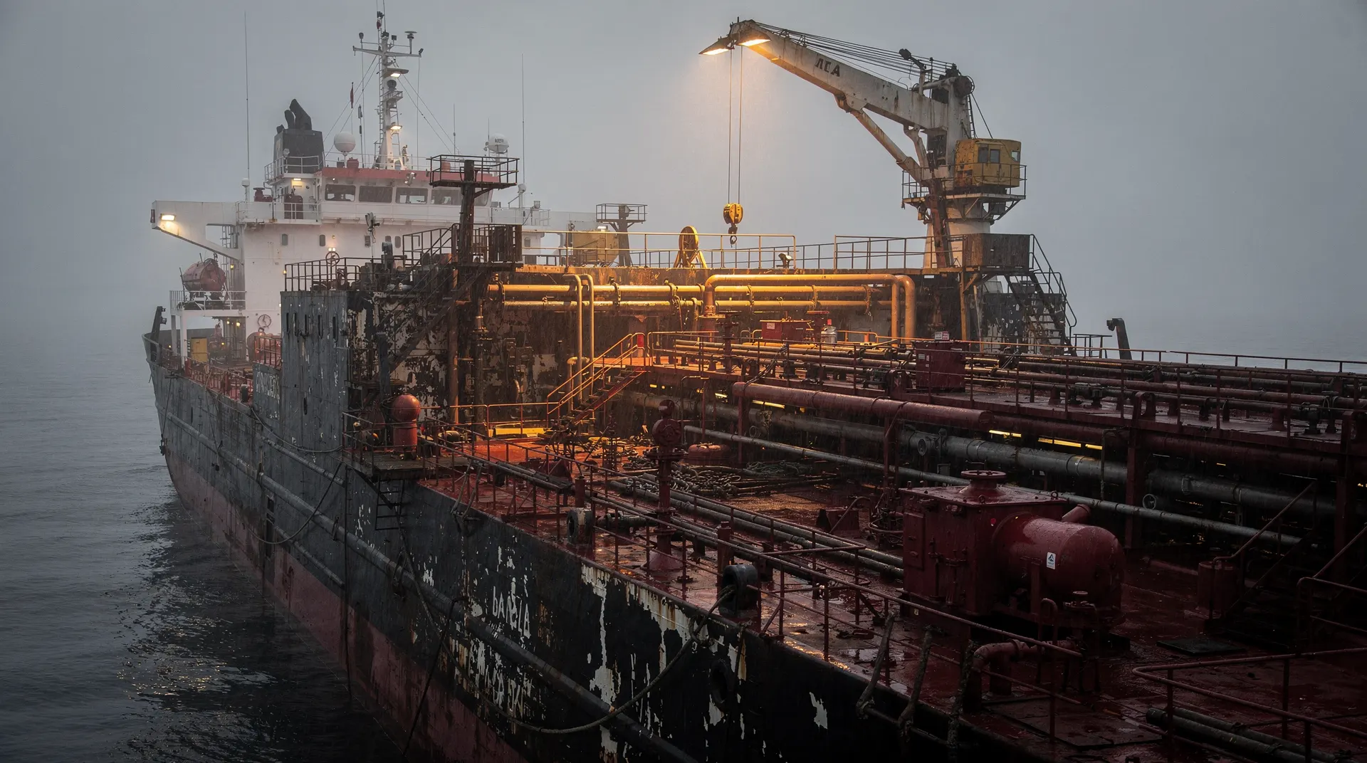 Unmarked, weathered oil tanker at anchor on a grey sea at dusk, lit by a deck floodlight.
