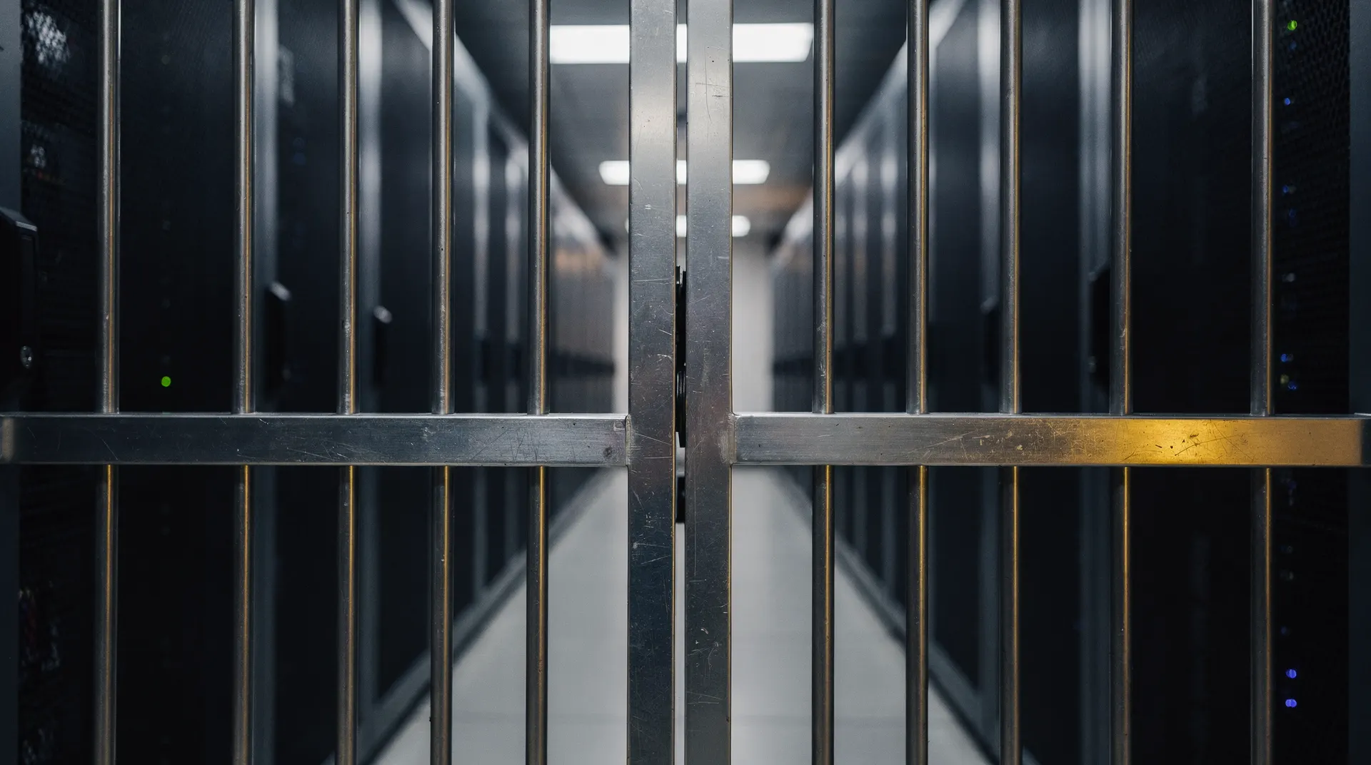 Server racks recede beyond a closed metal security gate in an empty data center.